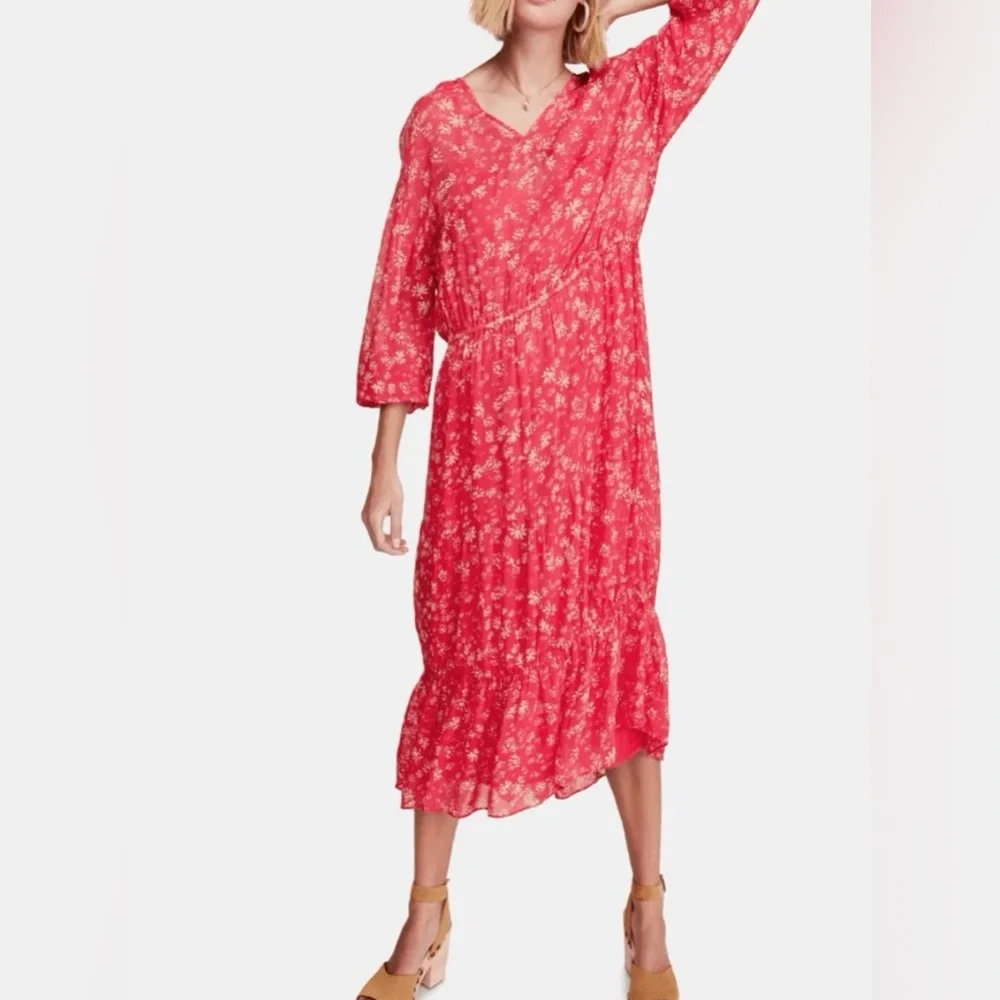 Free People Wallflower Tiered Midi Raspberry Red & Cream Floral Dress Sz M